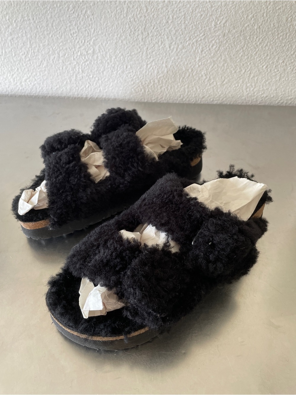Papillo by Birkenstock Arizona Big Buckle Platform Sandals in Black Shearling